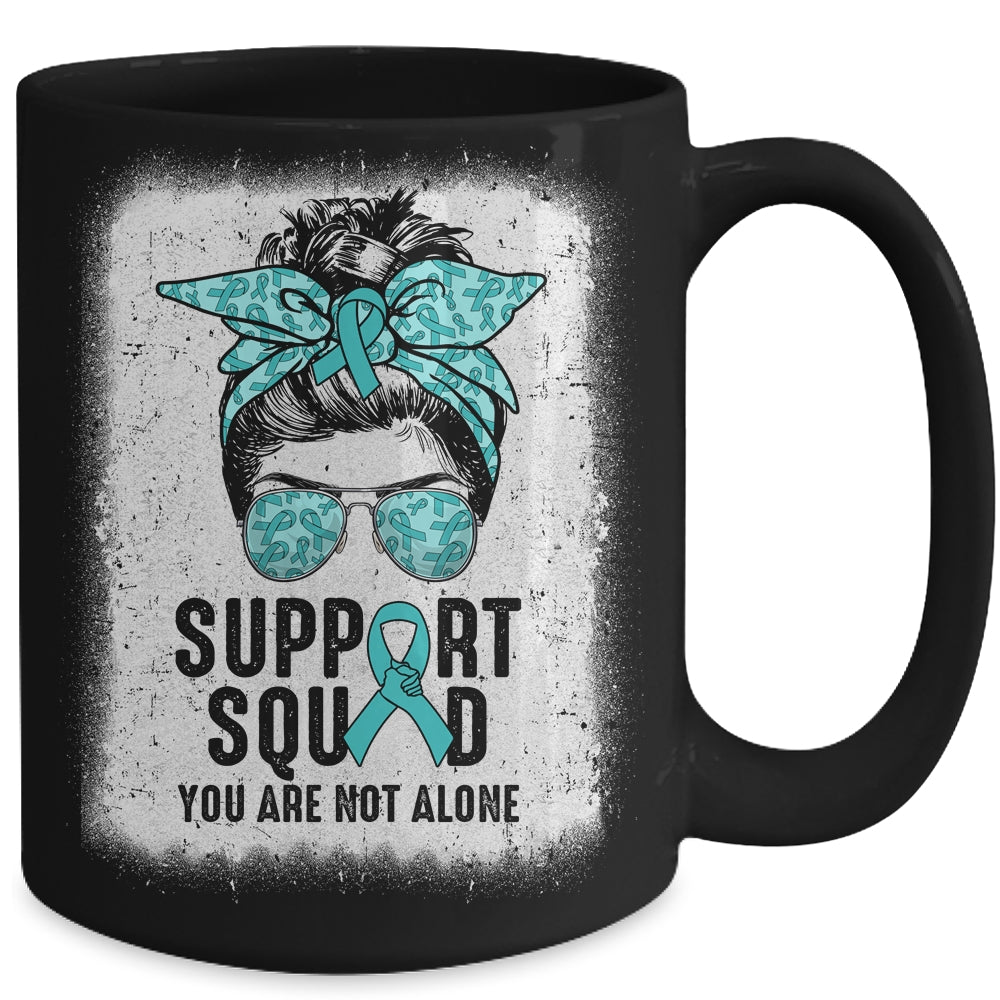 Support Squad Messy Bun Warrior Teal Ovarian Cancer Awareness Mug | siriusteestore