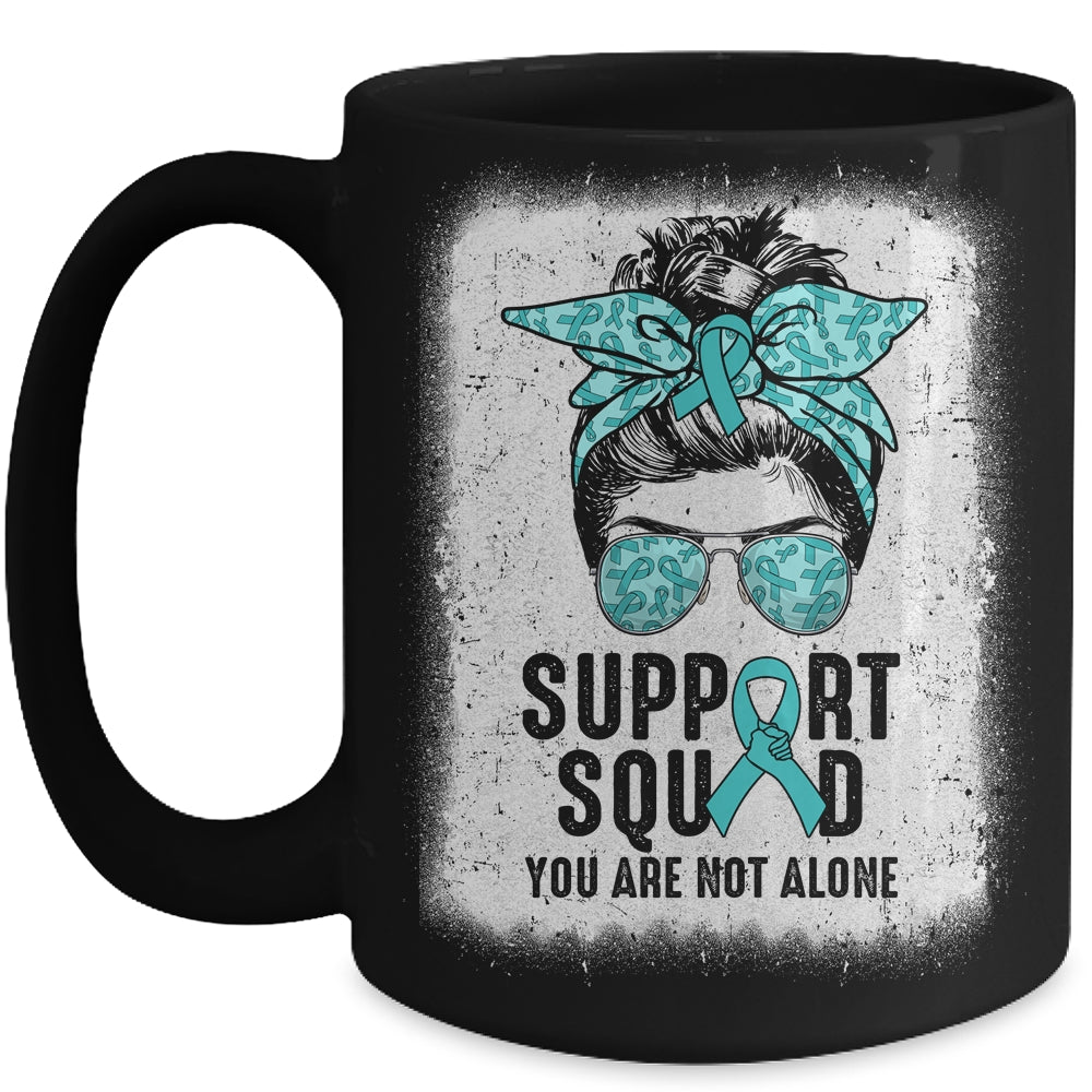 Support Squad Messy Bun Warrior Teal Ovarian Cancer Awareness Mug | siriusteestore