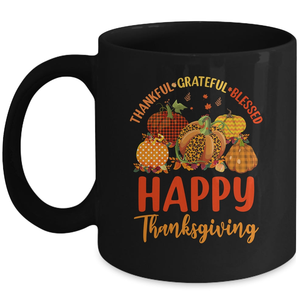 Thankful Grateful Blessed Leopard Plaid Pumpkin Thanksgiving Mug | siriusteestore