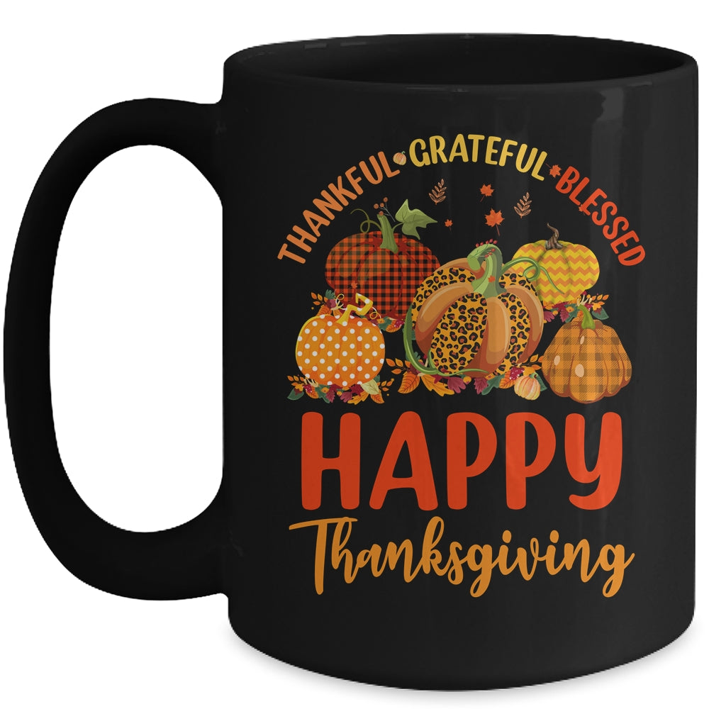 Thankful Grateful Blessed Leopard Plaid Pumpkin Thanksgiving Mug | siriusteestore
