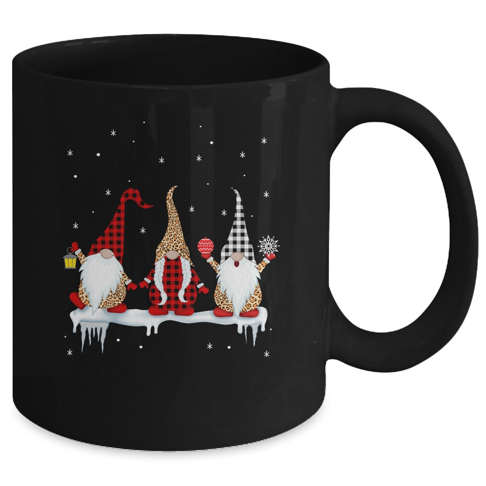 Three Gnomes In Leopard Printed Buffalo Plaid Christmas Gift Mug | siriusteestore