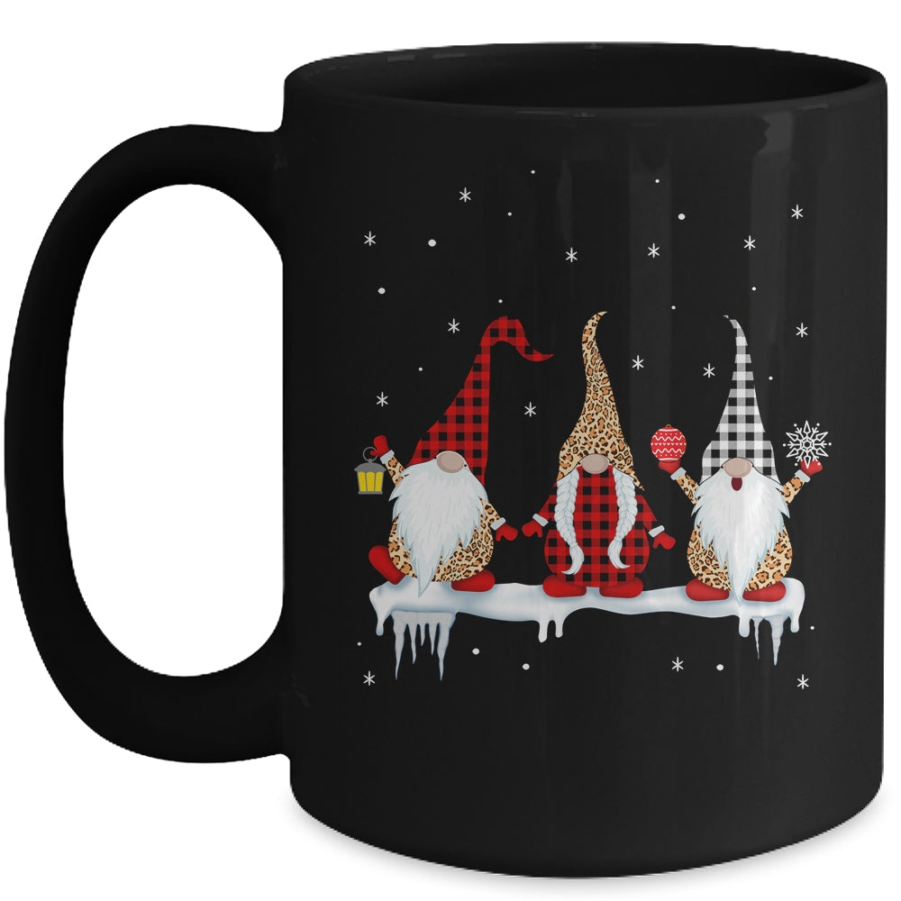 Three Gnomes In Leopard Printed Buffalo Plaid Christmas Gift Mug | siriusteestore