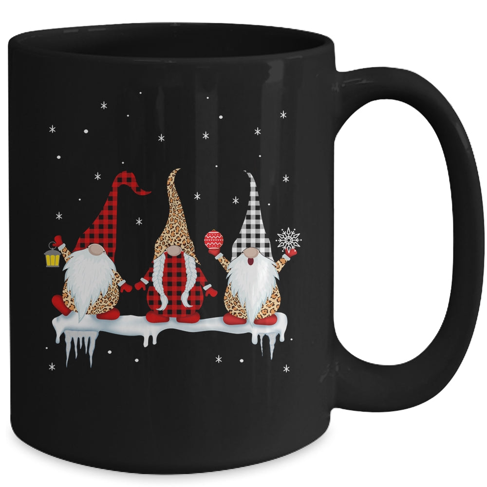 Three Gnomes In Leopard Printed Buffalo Plaid Christmas Gift Mug | siriusteestore