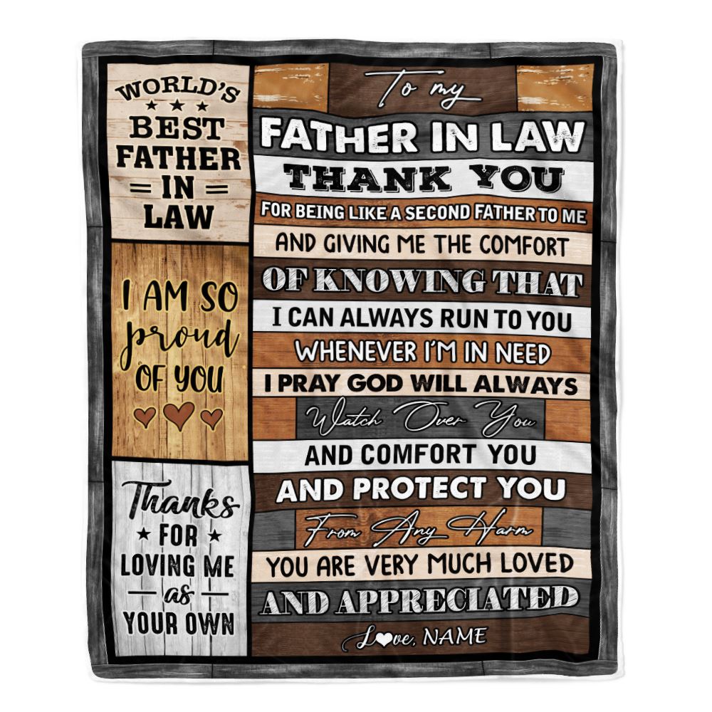 To My Father In Law Blanket From Daughter In Law Wood Thank You Like A Second Father For Fathers Day Birthday Christmas Customized Bed Fleece Throw Blanket | siriusteestore