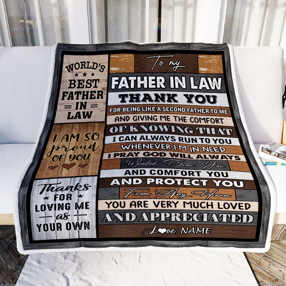 To My Father In Law Blanket From Daughter In Law Wood Thank You Like A Second Father For Fathers Day Birthday Christmas Customized Bed Fleece Throw Blanket | siriusteestore