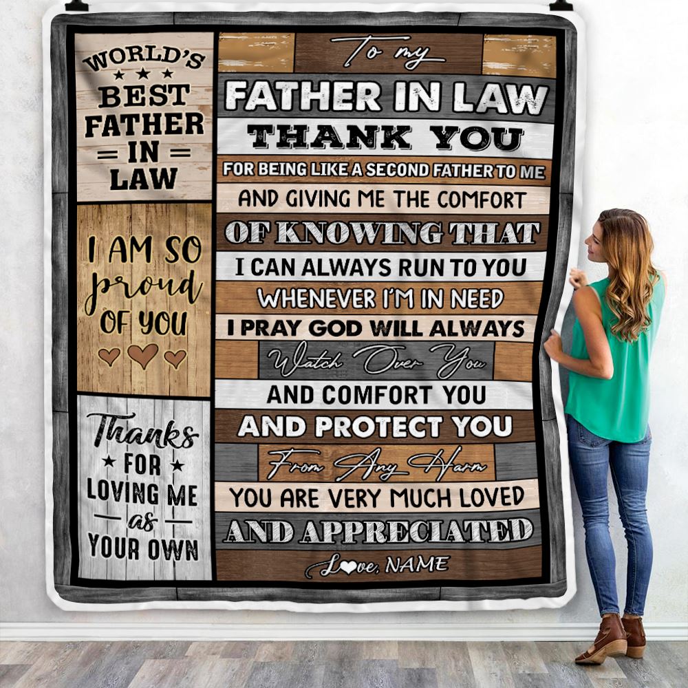 To My Father In Law Blanket From Daughter In Law Wood Thank You Like A Second Father For Fathers Day Birthday Christmas Customized Bed Fleece Throw Blanket | siriusteestore