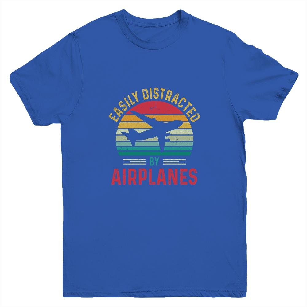 Vintage Easily Distracted By Airplanes Funny Pilot Flying Youth Shirt | Siriustee.com