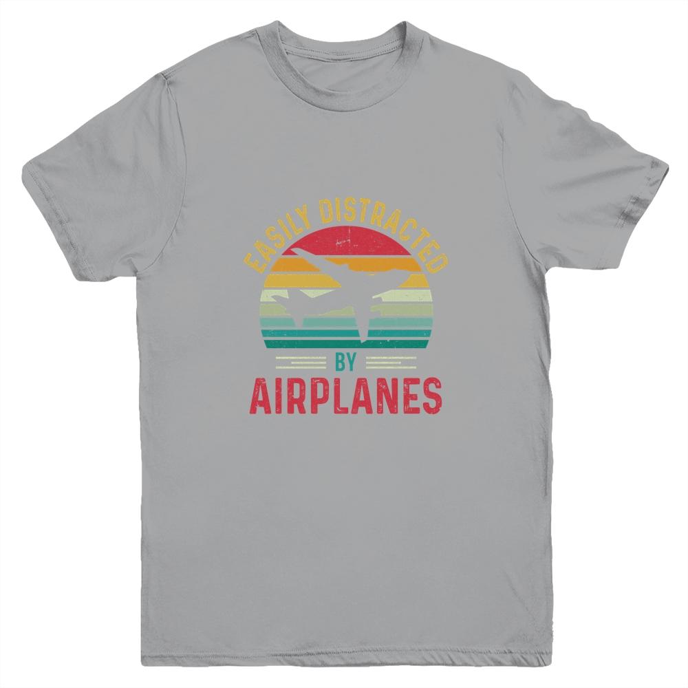 Vintage Easily Distracted By Airplanes Funny Pilot Flying Youth Shirt | Siriustee.com