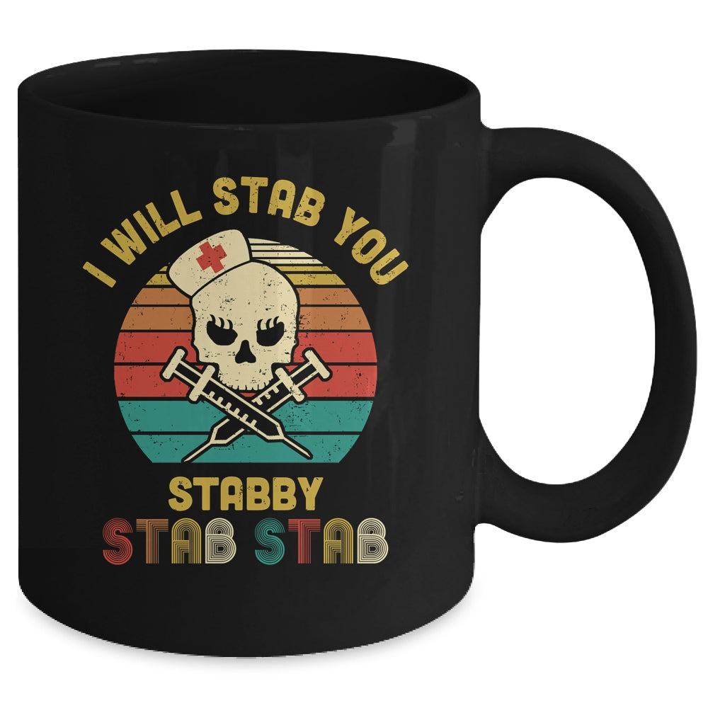 Vintage Skull I Will Stab You Stabby Funny Nurse Halloween Mug | siriusteestore