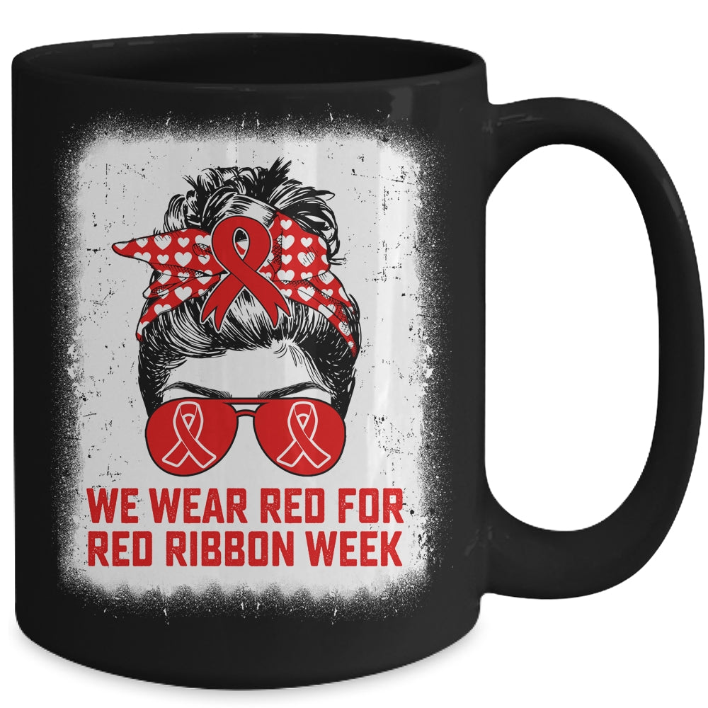 We Wear Red For Red Ribbon Week Awareness Messy Bun Teacher Mug | siriusteestore