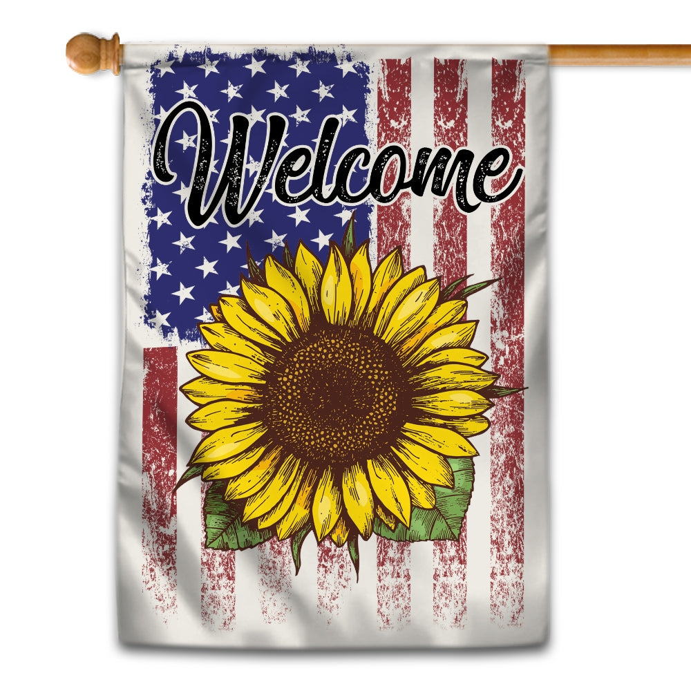 Welcome Sunflower US Flag Farmhouse Spring Summer | siriusteestore