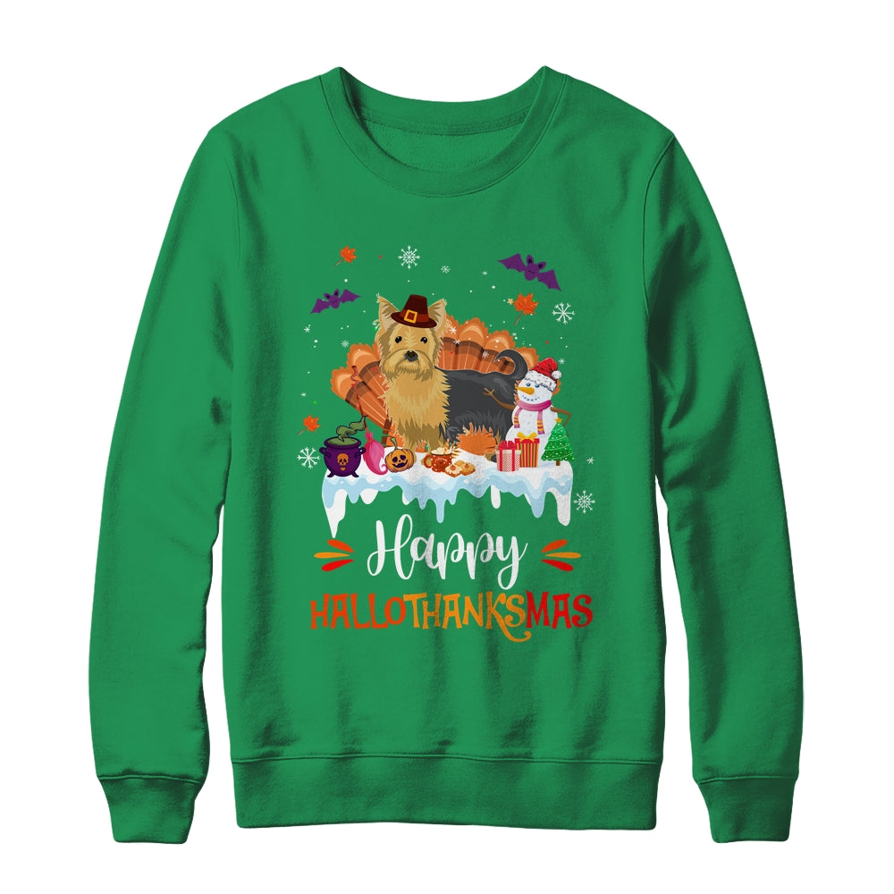 Yorkie HalloThanksMas Halloween Thanksgiving Christmas Shirt & Sweatshirt | siriusteestore