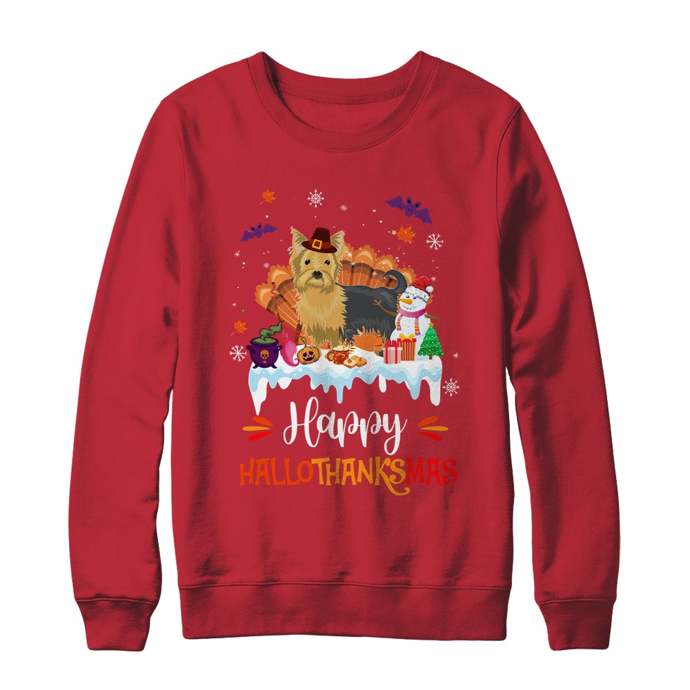 Yorkie HalloThanksMas Halloween Thanksgiving Christmas Shirt & Sweatshirt | siriusteestore
