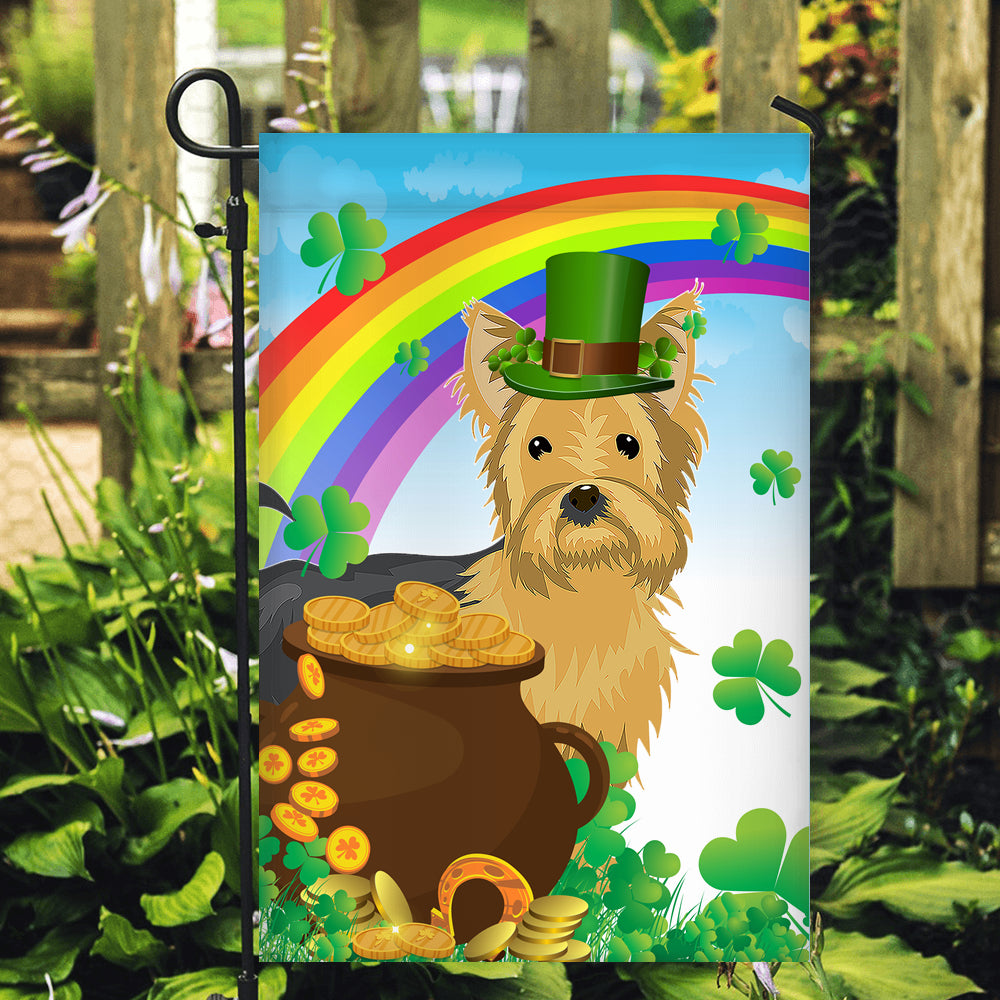 Yorkie St Patrick's Day Dog Flag Funny Peeking Dog Wear Green Hat Golden Pot Coin Shamrock Rainbow Spring Banner for Home Decor | siriusteestore