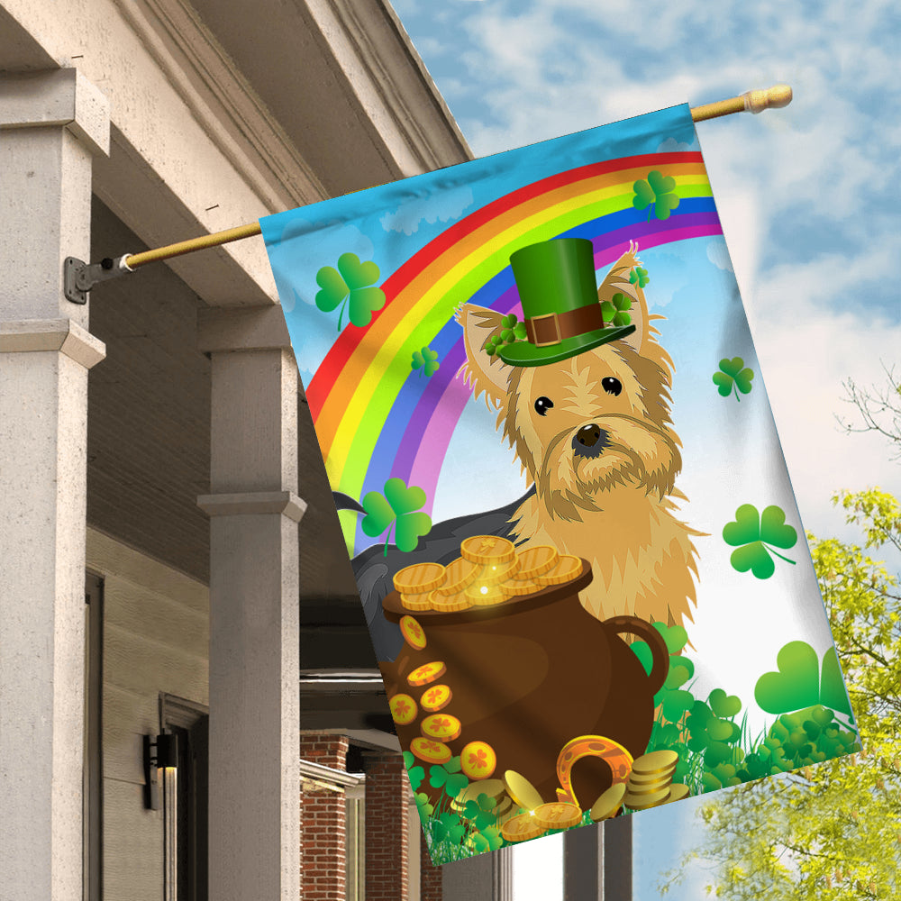 Yorkie St Patrick's Day Dog Flag Funny Peeking Dog Wear Green Hat Golden Pot Coin Shamrock Rainbow Spring Banner for Home Decor | siriusteestore